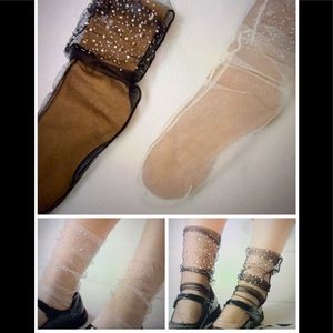 CRYSTAL TULLE  3 ANKLE SOCKS  BLACK/IVORY
